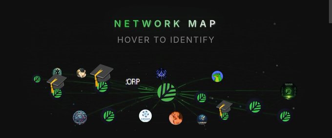 A dark 'NETWORK MAP' dashboard labeled 'HOVER TO IDENTIFY', displaying interconnected green leaf-shaped nodes, graduation caps, planets, and globes linked by lines.