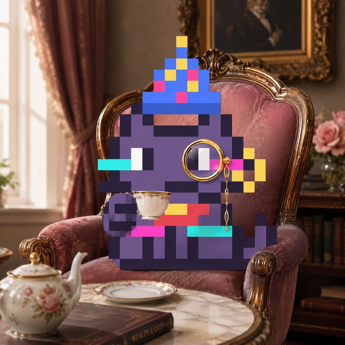 A pixelated purple character with one eye covered by a monocle and a teacup, sitting in an ornate red armchair in a fancy room with a teapot and book on a marble table.