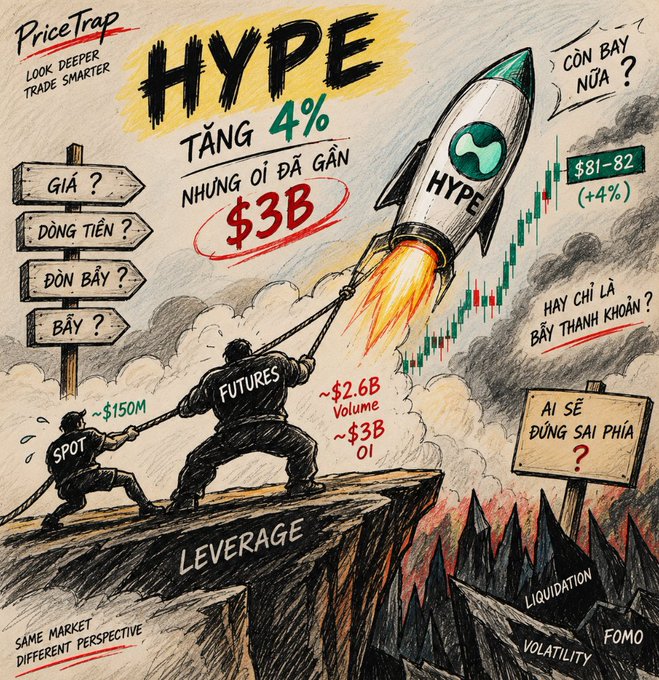 A hand-drawn style illustration by 'PriceTrap' depicting the HYPE token's 4% increase to around $81-82, showing figures labeled 'SPOT' and 'FUTURES' pulling a rocket representing market hype and leverage, with Vietnamese text questioning if it's a real rally or financial ruin.