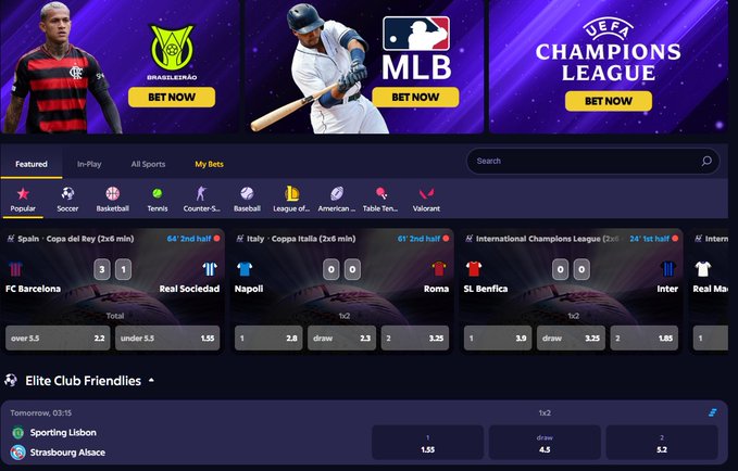 A sports betting platform interface displays featured promotions for Brasileiro, MLB, and UEFA Champions League alongside live match odds for FC Barcelona vs Real Sociedad (3-1), Napoli vs Roma (0-0), and SL Benfica, with a Sporting Lisbon vs Strasbourg Alsace matchup listed under Elite Club Friendlies.