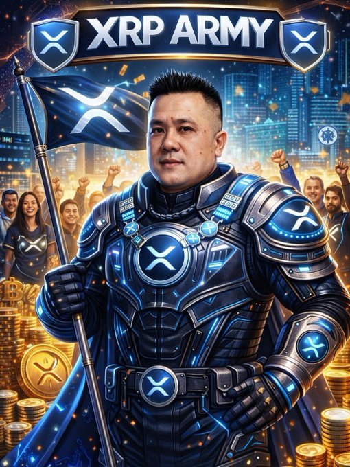 A triumphant warrior clad in blue XRP-branded armor holds a flag bearing the XRP logo, standing before an enthusiastic crowd and piles of gold XRP coins under the banner "XRP ARMY." The image visually reinforces the post's bold comeback message, portraying the poster as an armored champion returning to defend the XRP community against its critics.