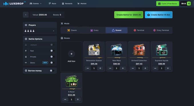 A screenshot of the 'LUXDROP' gaming website interface, showing a 'Battle Options' menu and a selection of game 'Boxes' with prices in USD, such as 'Revolution Station' ($95.36) and 'Neon Mafia' ($96.92).
