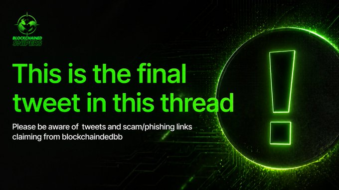 A warning graphic from 'BLOCKCHAINEDDB' stating 'This is the final tweet in this thread', cautioning viewers about scam and phishing links.