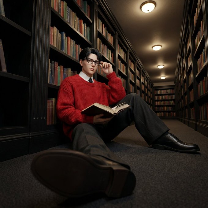 A young man in a red sweater and glasses sitting on the floor of a library reading a book, with one shoe prominently in the foreground.