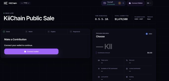 A screenshot of the KiiChain Public Sale webpage on the KiiChain platform, showing a 'Make a Contribution' section and token sale details.