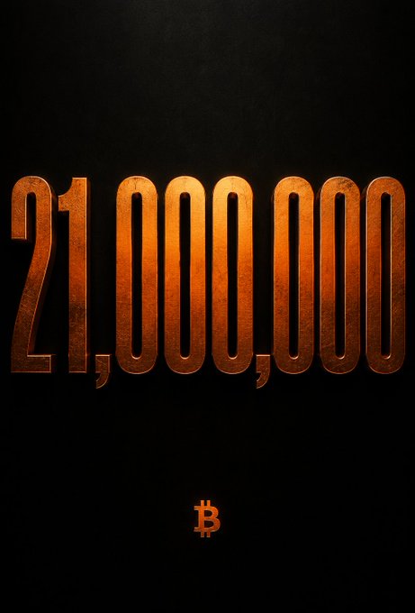 A graphic displays the number '21,000,000' in large metallic orange digits on a dark background, with the Bitcoin symbol below it.