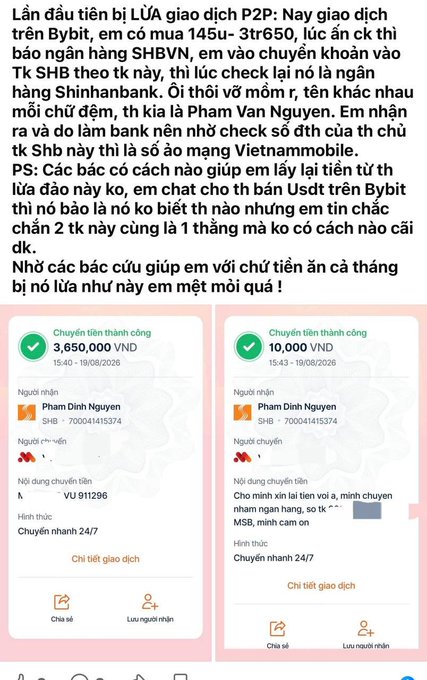 A Vietnamese text post describing a P2P trading scam where a user was tricked into transferring approximately 145 million VND to a fake SHBVN bank account on Bybit, with attached screenshots showing two successful transfers of 3,650,000 VND and 10,000 VND.
