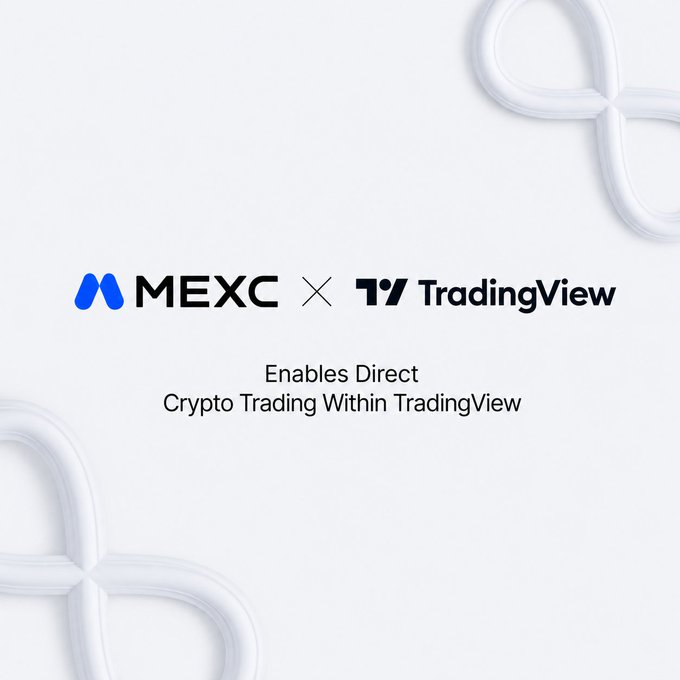 A white background with blue text reading "Enables Direct Trading Within Trading View" along with a graphic of a circular symbol or loop, likely representing an infinity symbol as seen from a cryptocurrency trading perspective. The content refers to the integration between MEXC (Microsoft Exchange Online) and TradingView, which allows traders to access their favorite exchanges directly through the platform without having to use an external interface or download an application separately. This integration offers users increased market accessibility, better exchange visibility, and potentially lower fees compared to traditional trading methods.