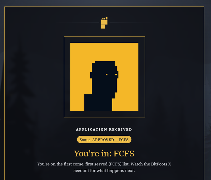 A dark-themed digital application confirmation screen displays a pixel-art silhouette in yellow and dark gray, with text reading "APPLICATION RECEIVED," "Status: APPROVED – FCFS," and "You're in: FCFS," indicating approval onto the first come, first served list—visually reinforcing the user's post about being on the FCFS waitlist while hoping to upgrade to a guaranteed (GTD) allocation.