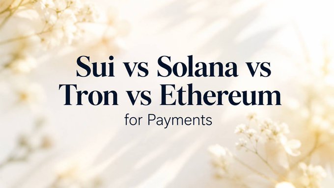 A cream-colored graphic with floral accents displaying the text 'Sui vs Solana vs Tron vs Ethereum for Payments'.