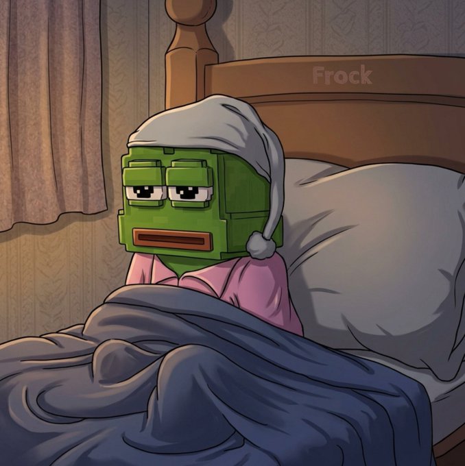 A stylized illustration shows a green frog-like character wearing a gray nightcap and pink pajamas, sitting upright in bed under a dark blue blanket. A wooden headboard, white pillow, patterned wallpaper, and curtains are visible, with the faint text “Frock” near the top right of the bed.
