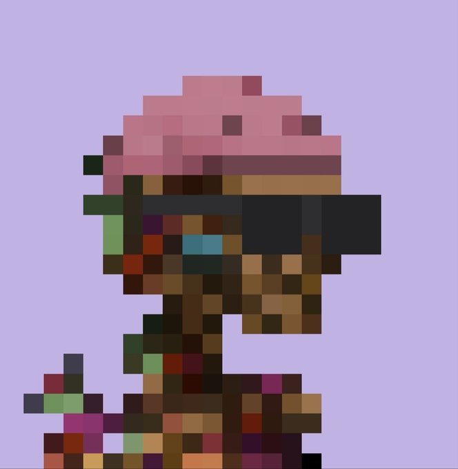 A highly pixelated, low-resolution portrait-style image of a character with pink hair against a light purple background, appearing blocky and abstract.