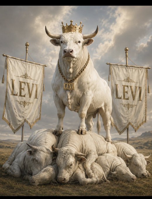 A majestic white bull wearing a golden crown stands atop a pile of other white bulls, flanked by two banners emblazoned with "LEVI." The imagery symbolizes the dominance and leadership of $LEVI as the "king" of its herd, reinforcing the post's bullish message of holding and preparing for a price surge despite skeptics' FUD.