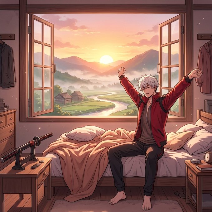 Anime-style illustration of a white-haired character in a red hoodie stretching while sitting on a bed, with a scenic mountain sunset view through the window.