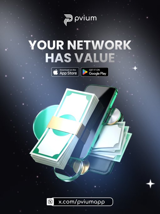 A promotional advertisement for the 'pvium' app featuring stacks of cash and coins next to a smartphone, with the text 'YOUR NETWORK HAS VALUE' and links to download on App Store and Google Play.