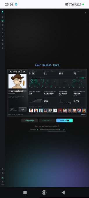 A mobile app screenshot showing a 'Your Social Card' crypto dashboard with a profile labeled 'cryptologer,' displaying metrics including 3.7K, 25K, 71, and 20 Power, along with follower counts and recent activity graphs.