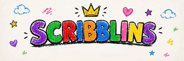 A colorful, hand-drawn 'SCRIBBLINS' logo featuring multicolored bubble letters topped with a yellow crown and decorated with hearts, stars, clouds, and sparkles on a white background.