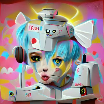 A vibrant digital artwork features an anime-style character with blue hair, cat ears, and heterochromia (yellow and blue eyes) merged with a Gundam-style robot head labeled 'Kawaii'.