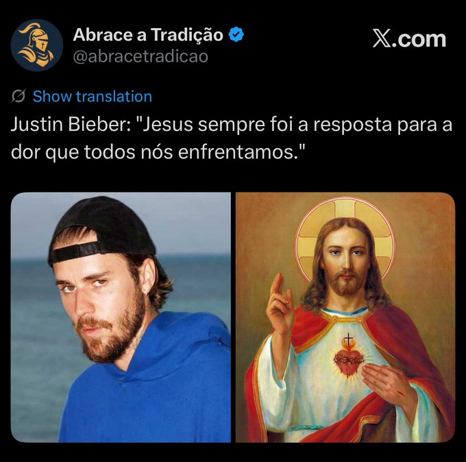 A Twitter/X post from 'Abrace a Tradição' (@abracetradicao) quotes Justin Bieber: 'Jesus sempre foi a resposta para a dor que todos nós enfrentamos,' accompanied by side-by-side images of Bieber and Jesus.