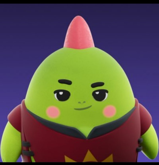 A 3D-rendered cartoon character featuring a green, pear-shaped body with a red mohawk/spike on top, pink cheeks, a slight smirk, and a red vest with yellow star details, set against a dark purple background.