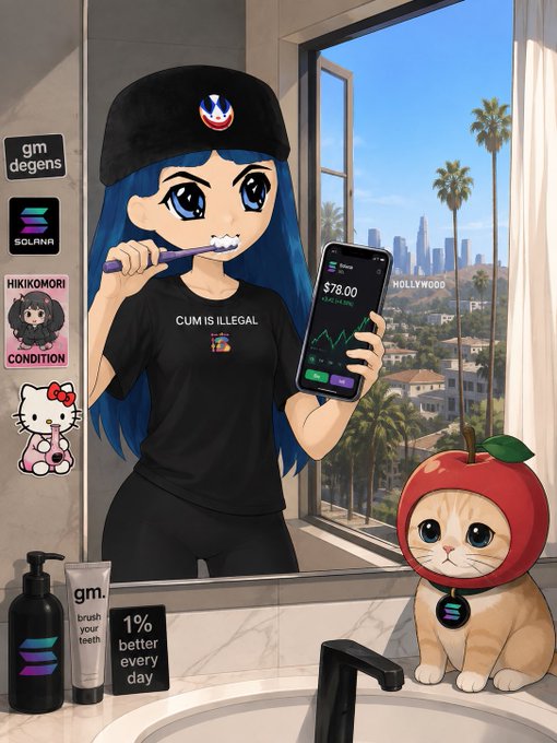 An anime-style girl with blue hair wearing a 'CUM IS ILLEAGAL' shirt brushes her teeth while checking a Solana price of $78.00 on her phone, with a cat in an apple hood sitting on the sink.
