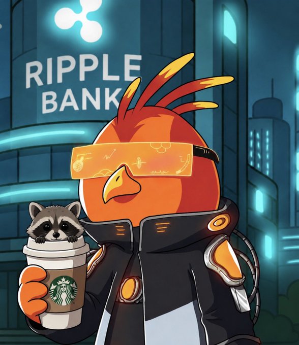 A cartoon bird character wearing an orange visor and futuristic jacket holds a Starbucks cup with a raccoon peeking out, standing in front of a building labeled 'RIPPLE BANK'.