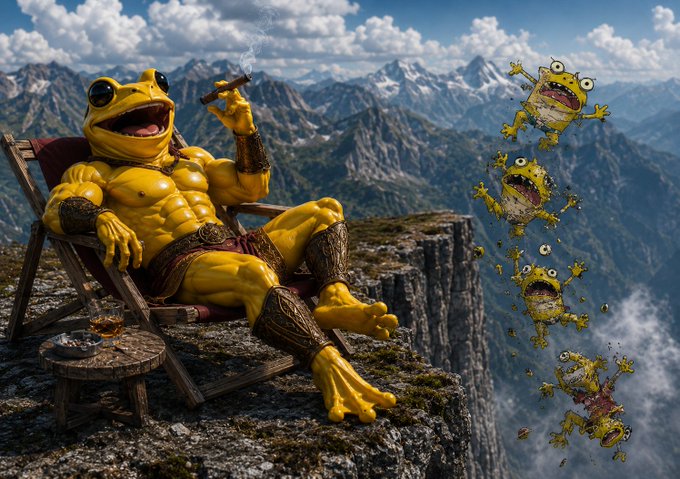 A surreal, AI-generated image of a muscular anthropomorphic frog sitting in a beach chair smoking a cigar on a cliff edge, with several smaller SpongeBob-style frog characters appearing to leap off into the mountainous background.
