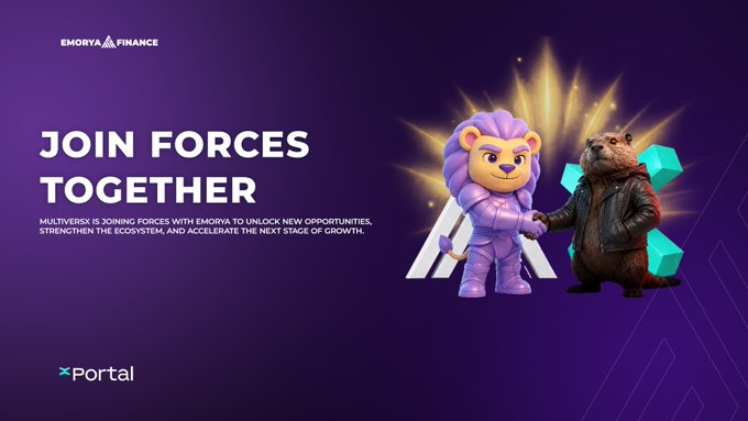A promotional banner from EMORYA FINANCE reads 'JOIN FORCES TOGETHER' announcing that MULTIVERX is joining forces with Emorya to unlock new opportunities, featuring an illustration of a lion mascot shaking hands with a bear in a leather jacket.