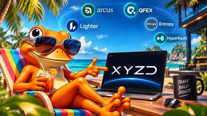 An illustrated orange frog in sunglasses relaxes on a beach chair with a drink and laptop displaying "XYZD," surrounded by floating logos for Arcus, QFEX, Lighter, Entropy, and Hyperliquid, alongside a "TRADE BUILD BIGGER" mug.