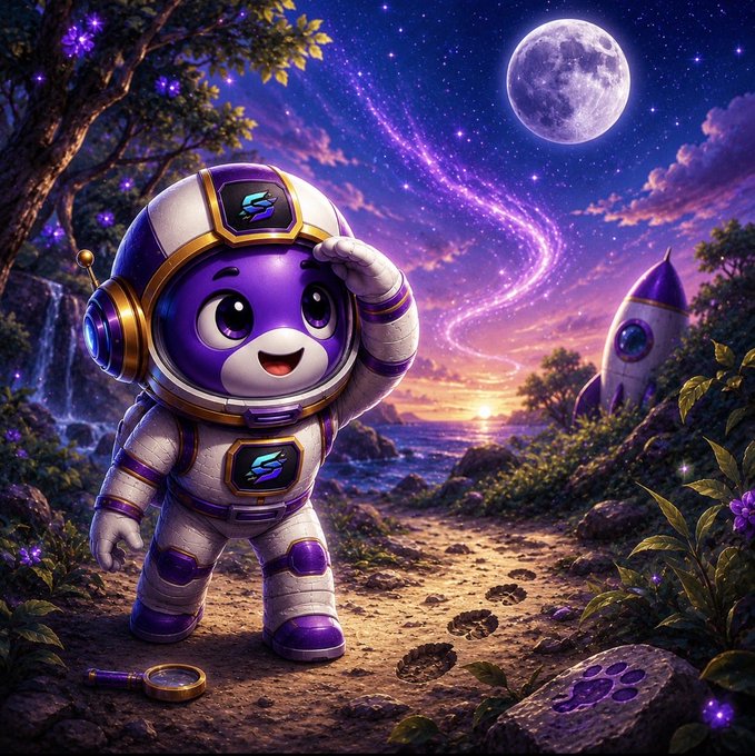 A cute purple astronaut bear named BoPi searches for his rocket on a starlit beach, gazing up at a massive moon with footprints in the sand behind him, perfectly capturing the whimsical "lost his rocket" storyline from the post.
