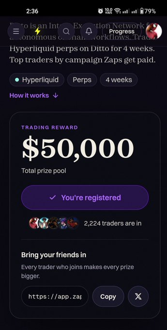 A mobile app screen displaying a trading competition called 'Autonomous Capital Network' on the Ditto platform, featuring hyperliquid perps over 4 weeks with a $50,000 total prize pool and a 'You're registered' confirmation button.