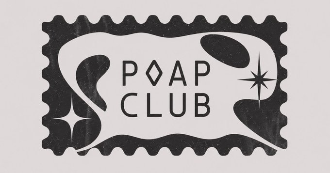 A black stamp-shaped graphic features a wavy inner border with the text 'POAP CLUB' in a stylized font, accompanied by a diamond symbol replacing the 'O' and decorative star sparkles.