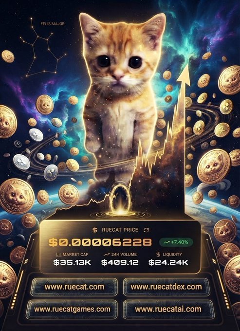 A promotional graphic for the RUECAT cryptocurrency, featuring a kitten surrounded by floating cat-themed coins in space, displaying a price of $0.00006228 (+7.40%) and links to ruecat.com, ruecatdex.com, ruecatgames.com, and ruecatai.com.