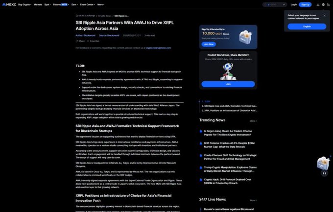 A screenshot of a MEXC news article titled "SBI Ripple Asia Partners With AWLA to Drive XRPL Adoption Across Asia," published May 12 by Blockchain journalist Sharon Bascuelo. The page features a TL;DR section, detailed subsections about the technical support framework and XRPL's role in Asian financial innovation, and sidebar links to trending news and exchange signup offers—visually supporting the post's point that the partnership represents meaningful but incremental progress toward broader XRPL adoption in the region.