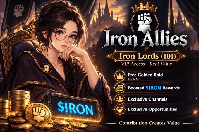 An advertisement for 'Iron Allies' VIP membership titled 'Iron Lords (101)' featuring an illustrated woman with glasses, listing benefits like 'Free Golden Raid Each Month' and 'Boosted $IRON Rewards.'