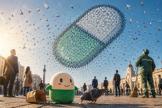 A crowd of onlookers and a sanitation worker watch in awe as a flock of pigeons forms the shape of a CUPSEY token mascot in the sky above a city plaza, with the actual cartoon-like green and white Cupsey character standing beside a single pigeon in the foreground, visually amplifying the post's enthusiastic promotion of the $Cupsey memecoin and its rapidly growing community.