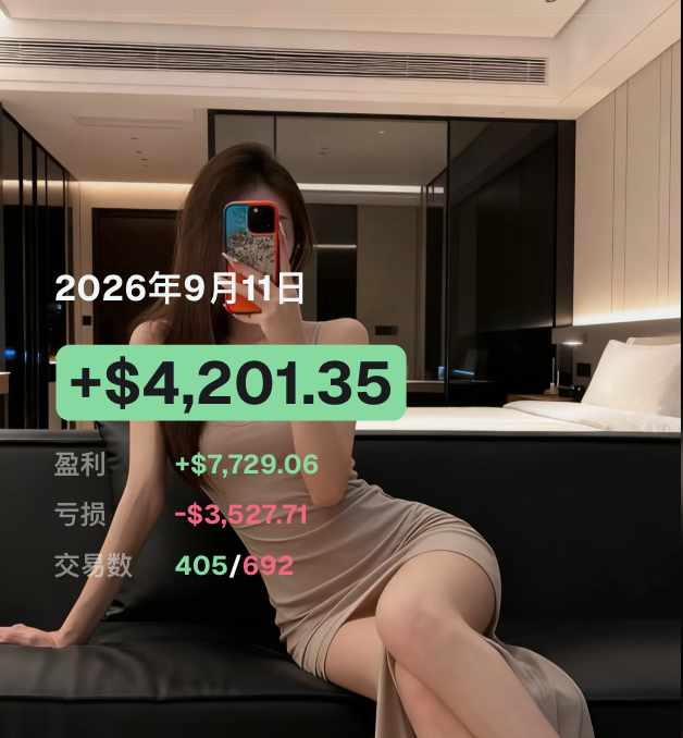 A woman in a beige dress takes a mirror selfie in a modern bedroom, with overlay text displaying trading results dated 2026年9月11日: a daily P&L of +$4,201.35, total profit of +$7,729.06, total loss of -$3,527.71, and 405/692 trades—visually representing the post's lament about late-night trading fatigue and the volatile losses ("farming flew away") that have reduced her once-substantial gains to feel like only a "one or two hundred grand" achievement.