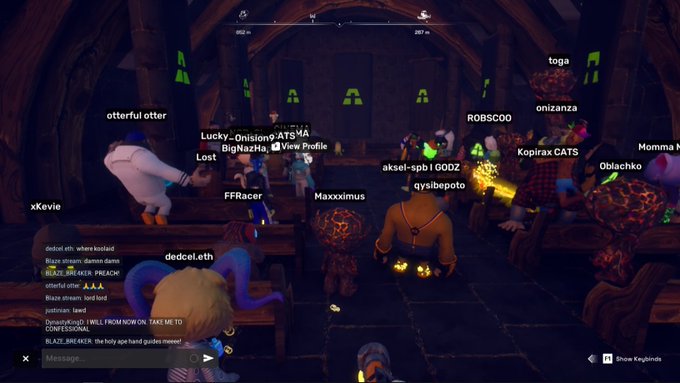 A screenshot from a virtual reality game or social platform showing multiple avatar characters gathered in a dark, cathedral-like setting, with usernames like 'otterful otter', 'FFRacer', 'qysibepoto', and 'Maxximus' floating above them and a chat window visible at the bottom left.