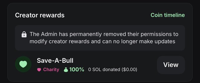 A "Creator rewards" panel shows that admin permissions are locked, while highlighting the "Save-A-Bull" charity profile with 0 SOL donated ($0.00). This aligns with the post announcing the start of donations to @SaveABullMN, a bull dog rescue, with the creator noting the first $5 sent and tagging Solana-related accounts.