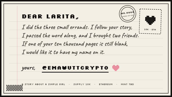 A letter addressed to 'Dear Larita' from 'cemanuttcrypto' references an NFT project about 'a simple girl' with a 10K supply on Ethereum, featuring a pixel heart stamp marked '10K - ETH' and postmark '2026-07-20'.