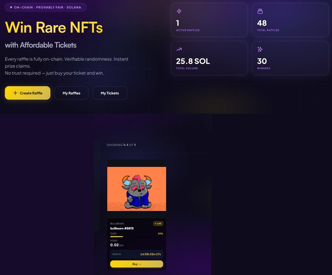 A dark-themed website interface for a Solana-based NFT raffle platform titled 'Win Rare NFTs with Affordable Tickets', showing stats including 48 total raffles and 30 winners, along with an NFT ticket featuring a cartoon bulldog named 'bullbaurs #08015'.