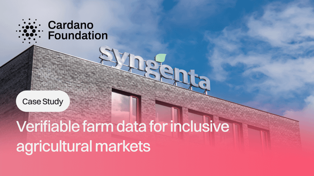 The image shows a large brick building with a sign that reads "Cardano Foundation". The text below the sign mentions that over 15,000 farms are now registered on Cardano through Syngenta Foundation India's satellite-verified data system. This indicates that the foundation has been successful in verifying the authenticity of the data provided by farmers to ensure accurate and reliable information for agricultural markets.