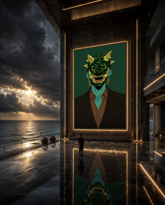 A silhouetted figure stands on the polished floor of a luxurious modern interior, gazing up at a massive framed NFT portrait depicting a green-skinned character in a suit and ornate jeweled mask, set against a dramatic seascape at sunset. The image embodies the post's call for compelling NFT world-building by showcasing a striking, narrative-driven digital character art piece that feels like a portal into an immersive universe.