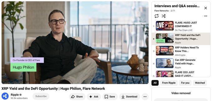 A YouTube video thumbnail featuring Hugo Philion, Co-Founder & CEO of Flare, sitting in a modern interior setting with the title "XRP Yield and the DeFi Opportunity | Hugo Philion, Flare Network," alongside a playlist of related XRP/Flare interviews and Q&A sessions with view counts (such as 102K and 236K views). The image directly supports the post by showcasing curated educational content for users wanting to catch up on XRPFi developments ahead of upcoming announcements.