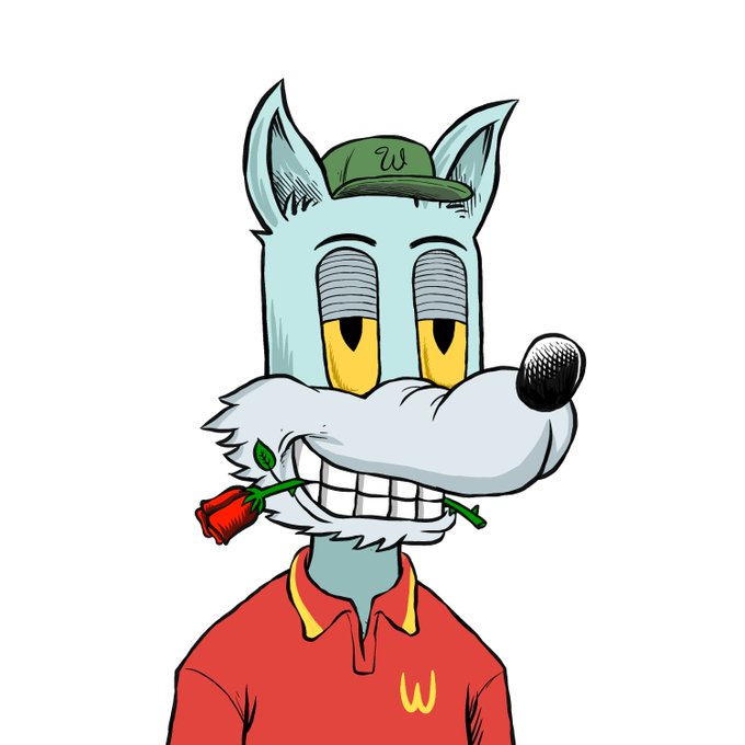 A cartoon illustration of a smug, gray wolf-like character wearing a green cap with a "W" logo and a red polo shirt also featuring a "W" emblem, with a red rose clenched in his teeth. The image cleverly personifies a "Robin" (the bird, with the wolf-like snout) tied to the "Robinhood" brand, matching the post's promotion of a free NFT mint called "Robin Snoops" on the Robinhood Chain.