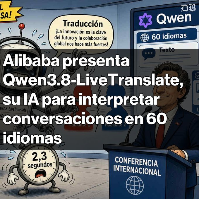 An illustrated graphic shows a man at a podium labeled 'CONFERENCIA INTERNACIONAL' with the text 'Alibaba presenta Qwen3.8-LiveTranslate, su IA para interpretar conversaciones en 60 idiomas', alongside cartoon robots and a 'Qwen' app interface showing '60 idiomas' and a translation time of '2,3 segundos'.