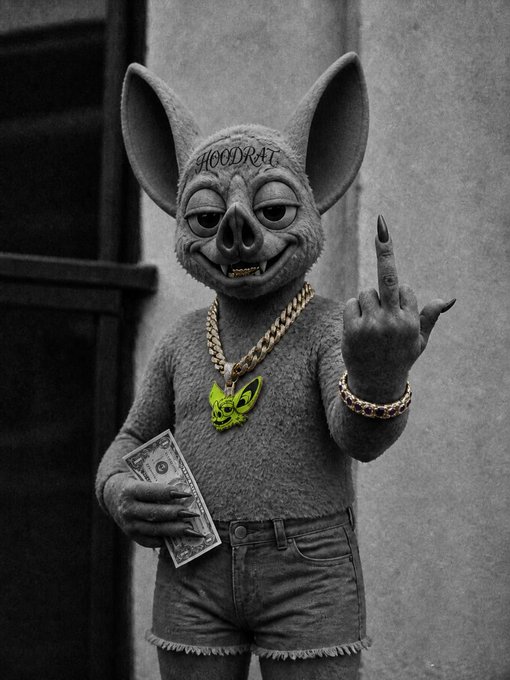 A grayscale image of a character wearing a bat mask with 'HOODRAT' written on the forehead, gold chains, and making an obscene hand gesture while holding cash.