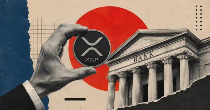 The image shows a hand holding an XRP token alongside a classical bank building with columns and the word "BANK" inscribed on it, set against a red circle and blue background. This visually represents the headline about UK banks conducting their first interbank transactions using XRP-based tokenized deposits, symbolizing the integration of cryptocurrency with traditional banking.
