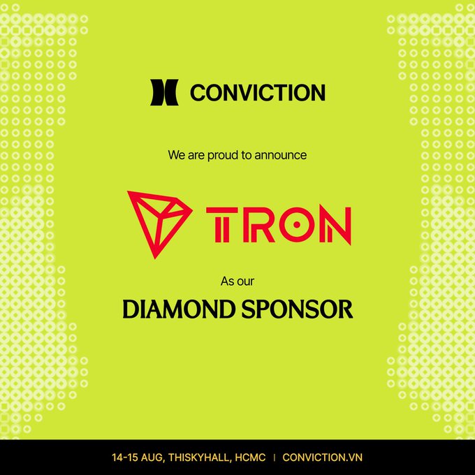 A bright yellow promotional graphic announces TRON (πTRON) as the Diamond Sponsor of Conviction, taking place 14-15 August at Thiskyhall, HCMC. The image features the Conviction logo at the top and the TRON logo in red, directly illustrating the Vietnamese post's news about TRON DAO becoming a Diamond Sponsor of the Conviction 2026 event in Vietnam.