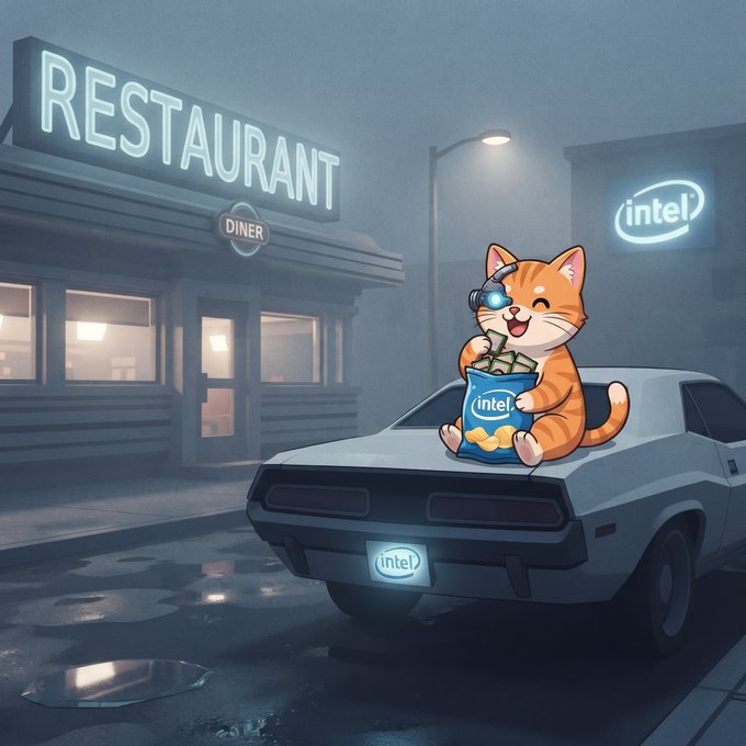 An illustrated scene shows an orange cat wearing cybernetic goggles sitting on a car's hood, eating chips from an Intel-branded bag, parked outside a 'RESTAURANT DINER' under an Intel logo sign.